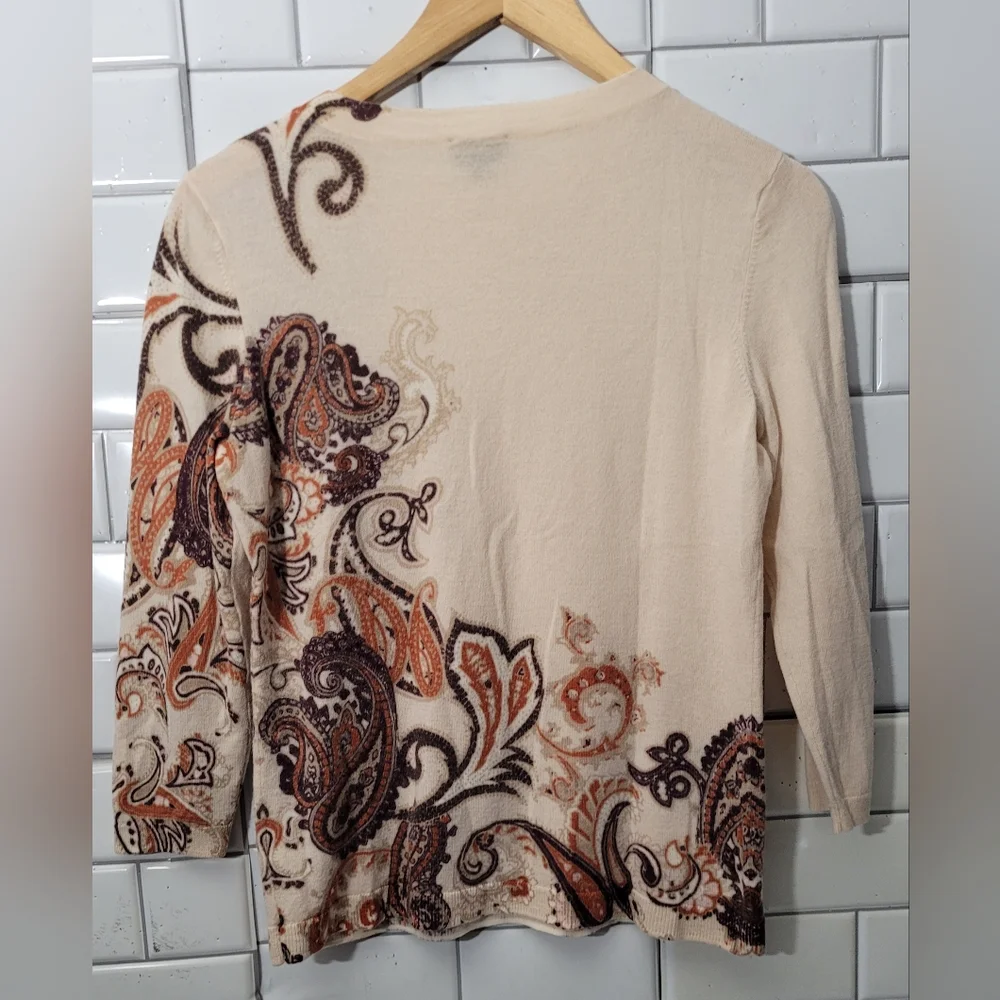 Talbots Pure Merino Wool 3/4  Sleeve Crew Neck Color(S) Cream Brown Paisley Prin - Picture 2 of 4